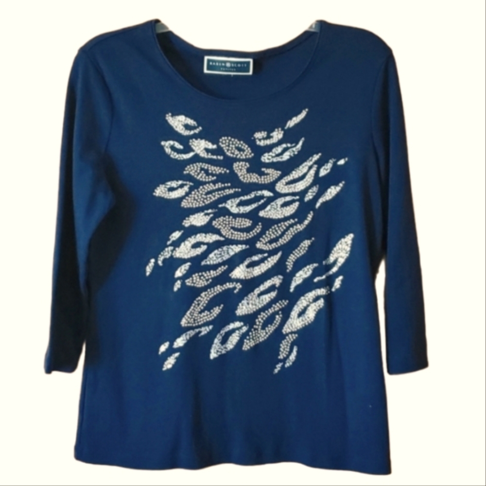 Karen Scott Petite Medium Navy and Metallic Silver Top Size MP